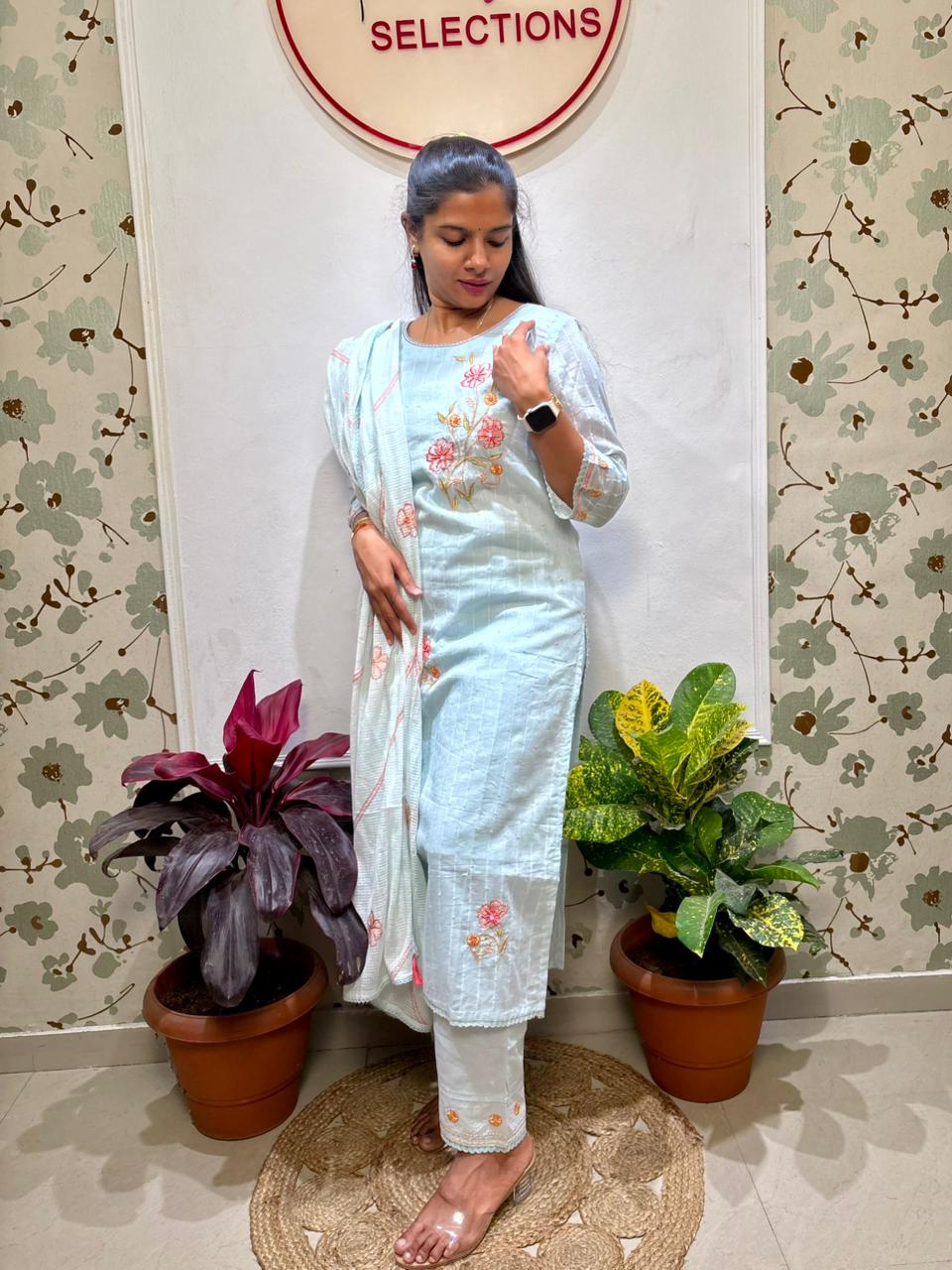 Light blue mul-cotton kurti set