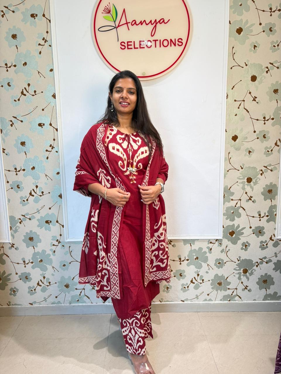Red Cotton Ikat Kurta Set with Dupatta