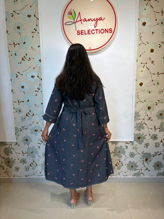 Soft Jeans Floral Ditsy Print Midi Dress with Belt