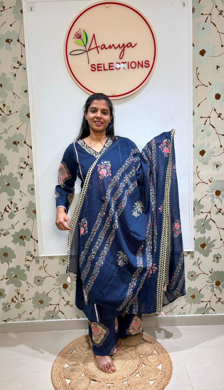 Navy Blue Cotton Kurti Set | Bell Sleeves