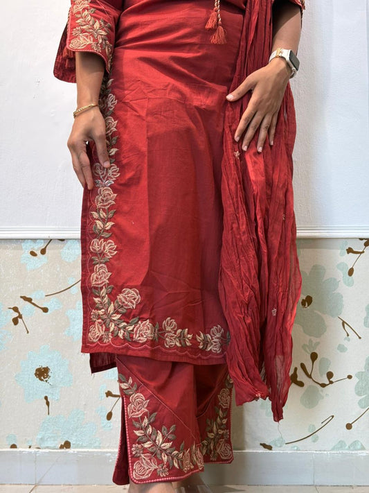 Maroon Rose Embroidery Cotton Kurti Set with Dupatta