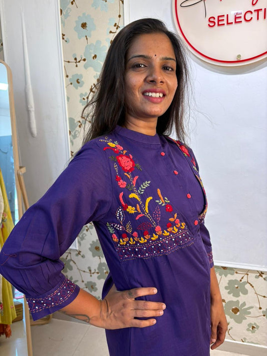 Cotton Floral Embroidered One Piece Dress in Royal Purple