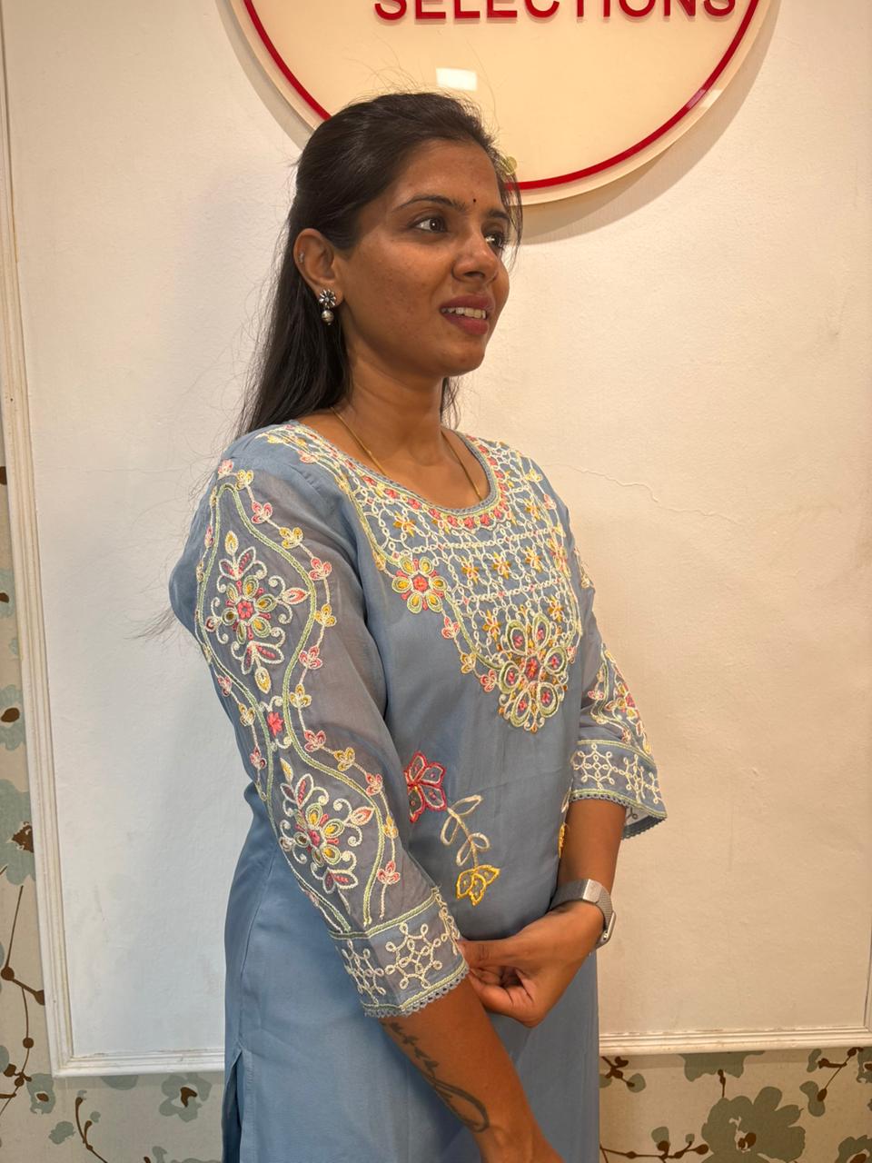 Steel Blue Embroidered Kurta Set with Floral Dupatta