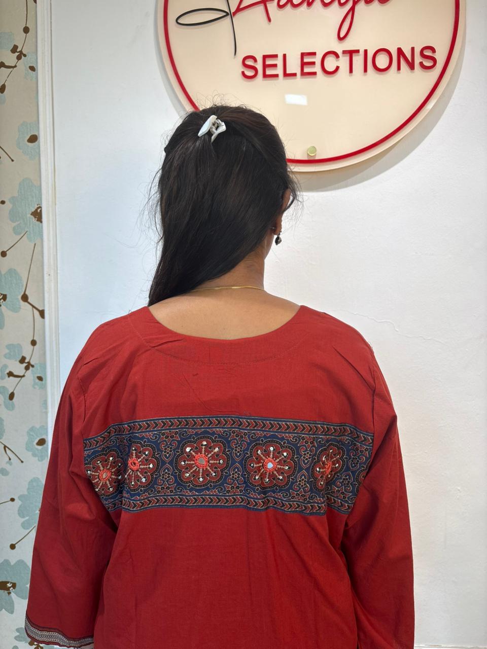 Rust Red Cotton Kurta Set with Ajrakh Yoke & Navy Dupatta
