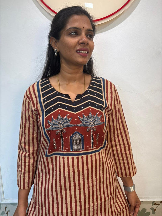 Beige & Rust Striped Cotton Kurta Set with Lotus Temple Print