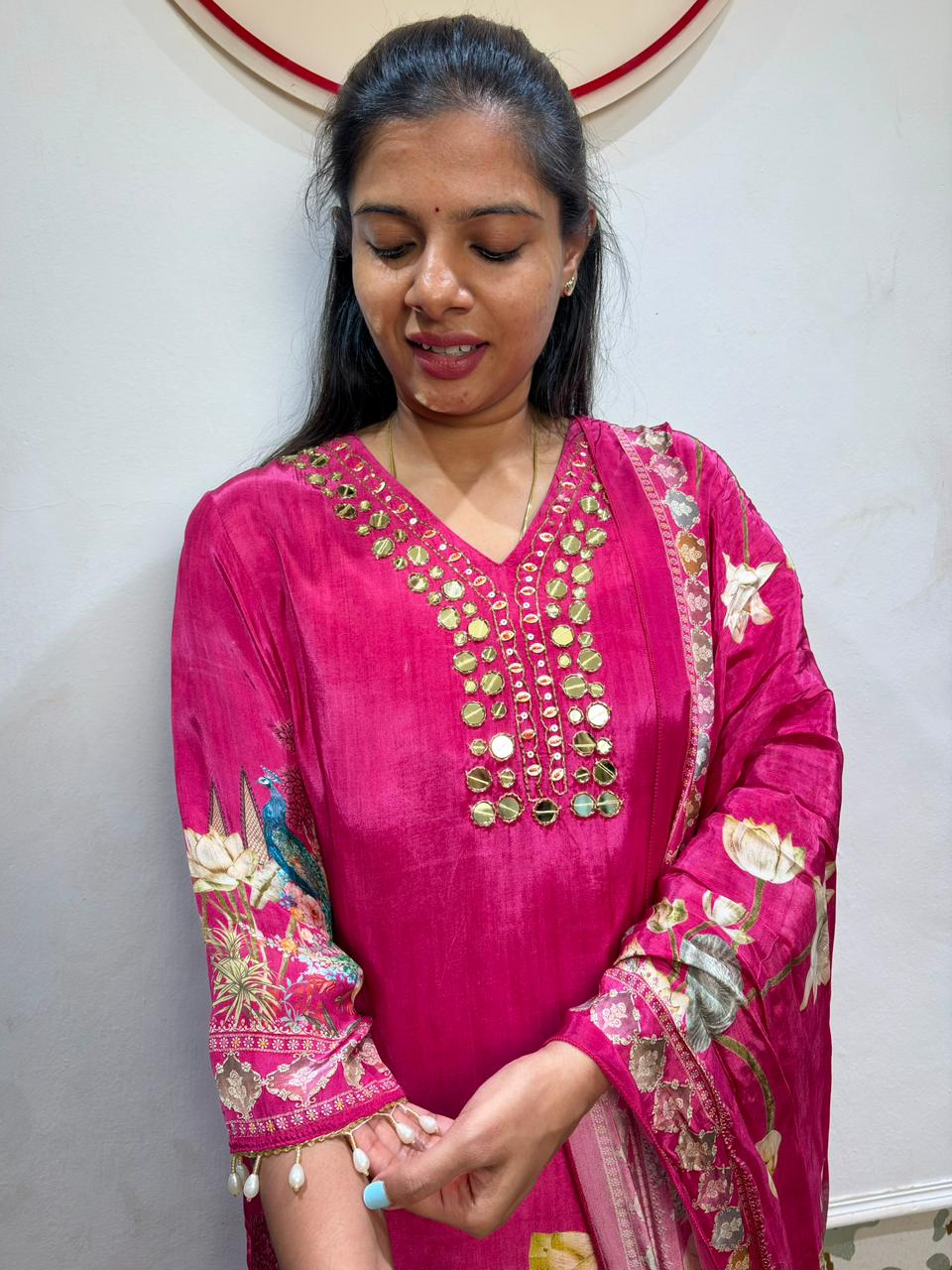 Hot Pink Pure Crepe Suit Set | Mirror Work & Peacock Print