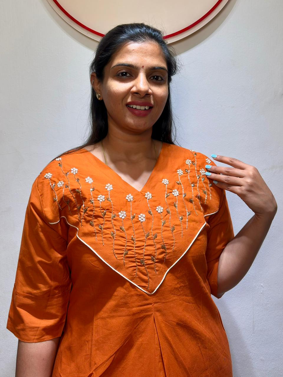 Orange Embroidered Cotton Co-Ord Set