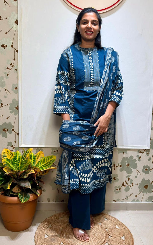 Teal Blue Printed Cotton Kurta Set with Dupatta
