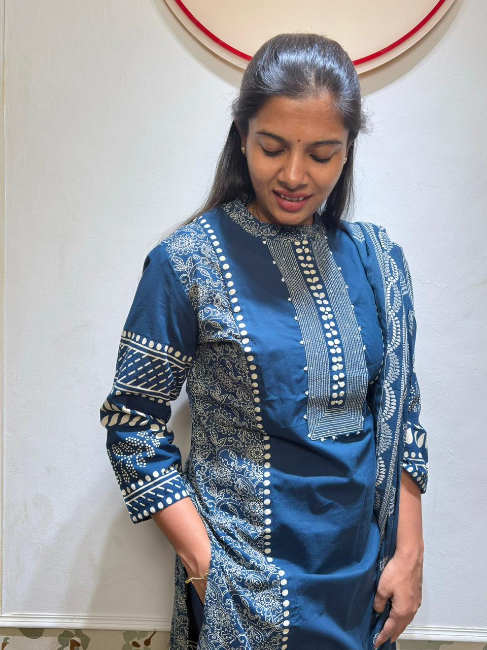 Teal Blue Printed Cotton Kurta Set with Dupatta