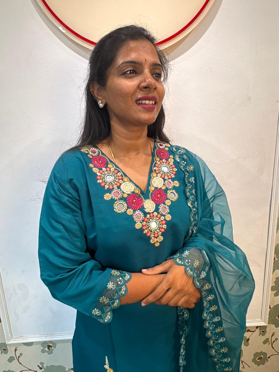 Teal Blue Silk Mirror Work Embroidered Kurta Set with Organza Dupatta