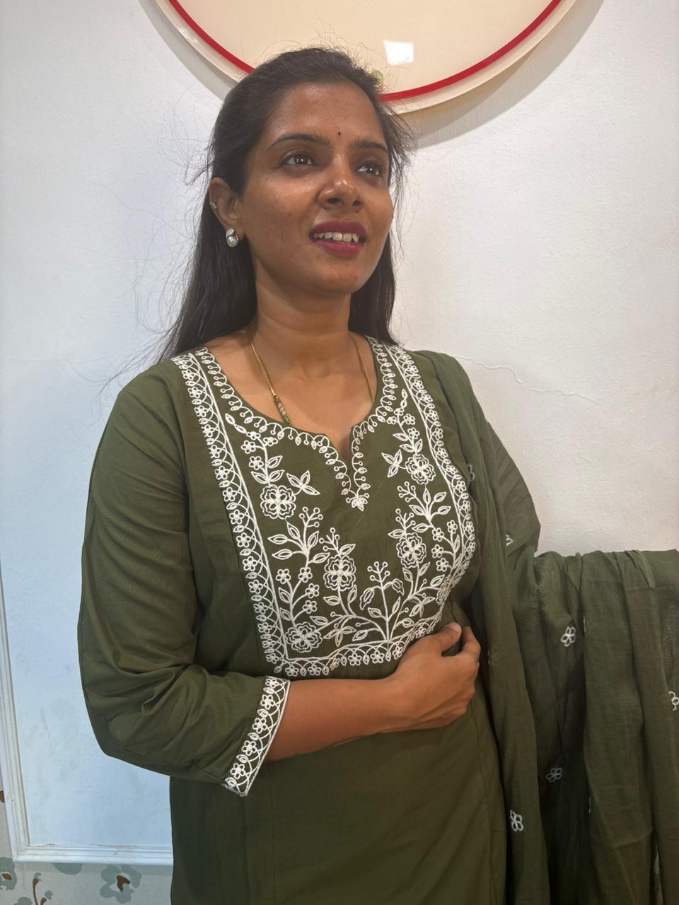 Olive Green Cotton Chikankari Embroidered Kurta Set with Dupatta