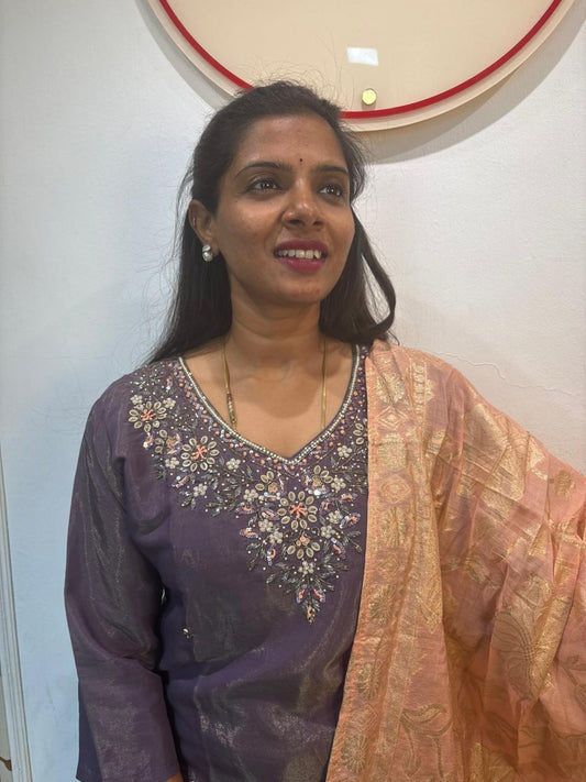 Purple Silk Embroidered Kurti Set with Peach Banarasi Dupatta