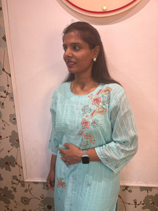 Sky Blue Mul Cotton Embroidered 3-Piece Kurti Set