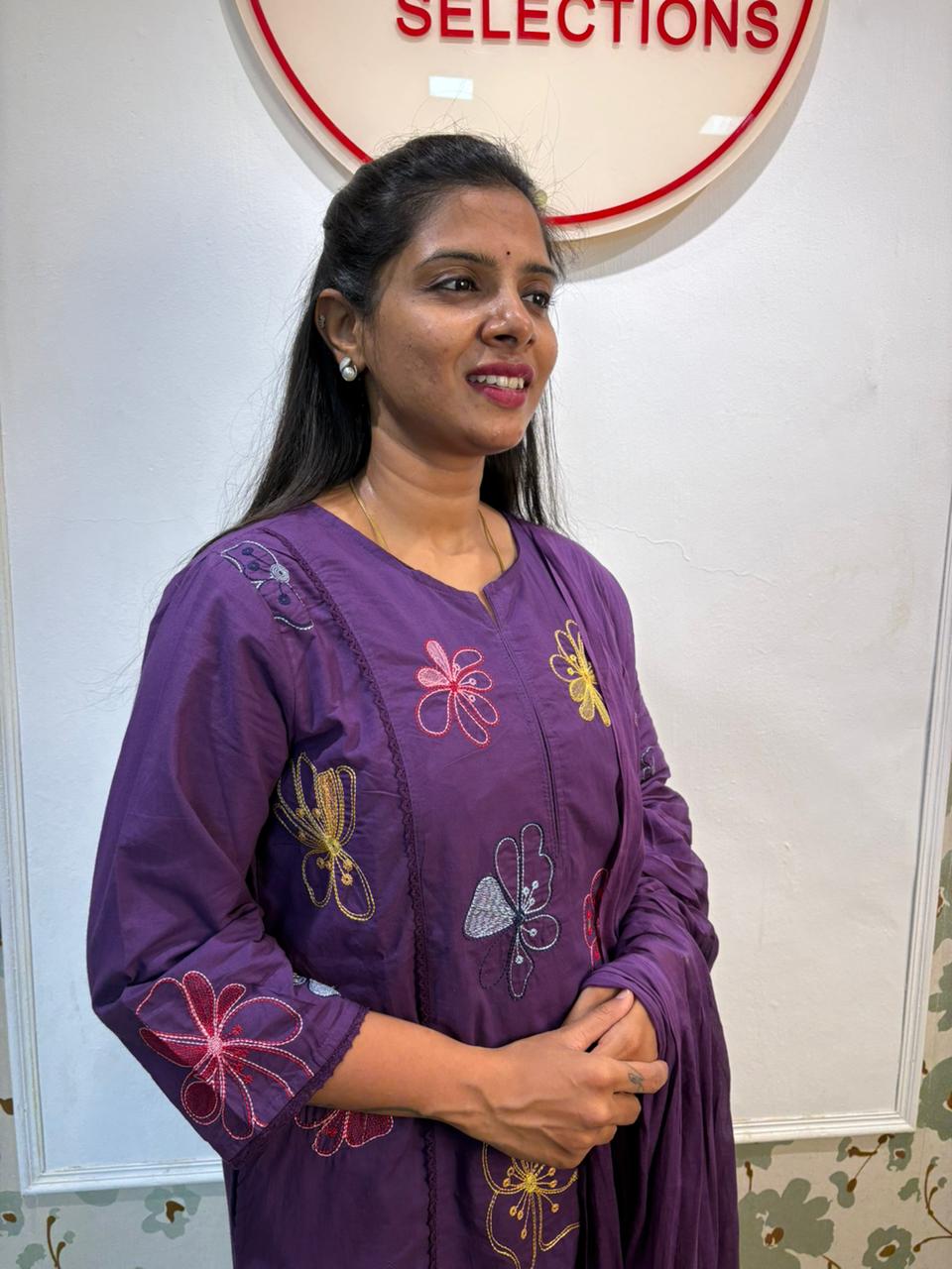 Purple Multi-Colour Floral Embroidered Cotton Kurta Set with Dupatta