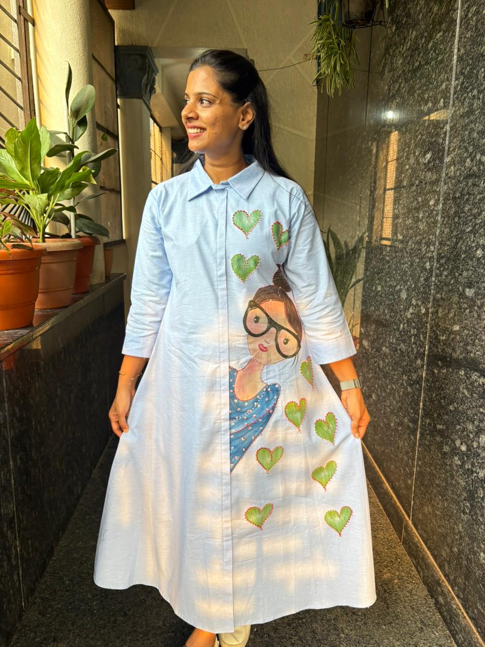Flex Cotton Hand-Painted Shirt Dress – Whimsical Girl & Cactus Hearts