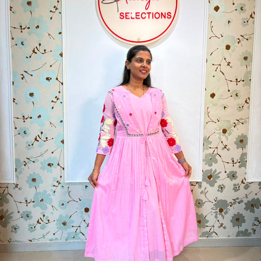 Pink Floral Embroidered Cotton Frock