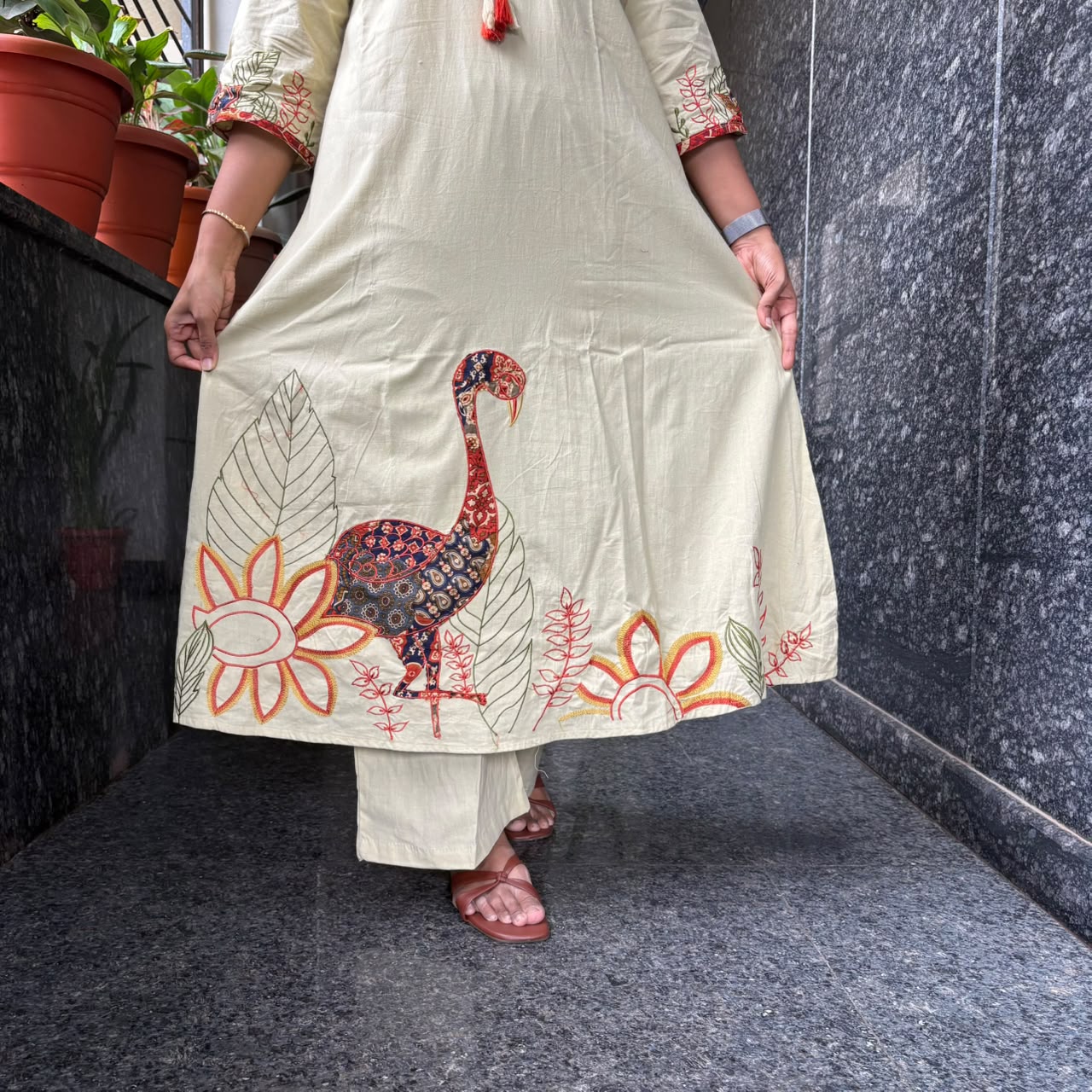 Cream Kalamkari Flamingo Kurta Set
