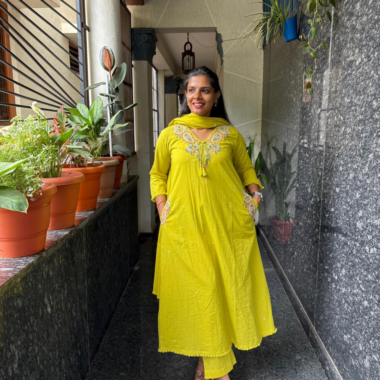 Lime Yellow Embroidered Cotton Kurta Set