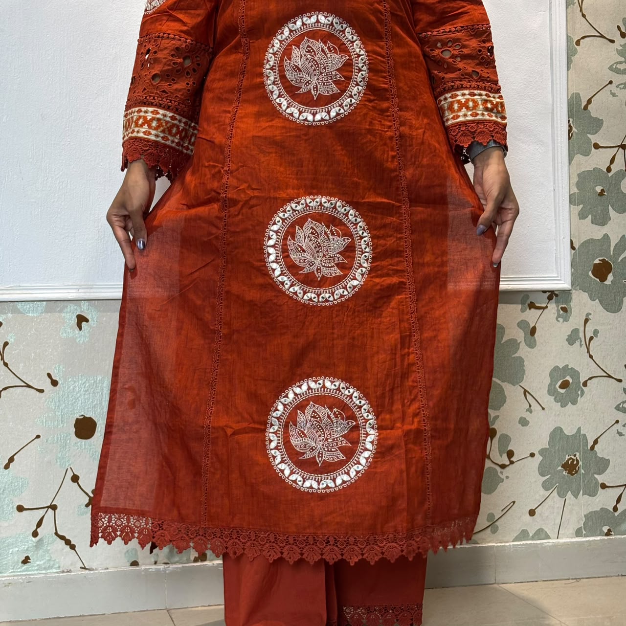 Rust Orange Lotus Embroidery Cotton Kurta Set with Dupatta