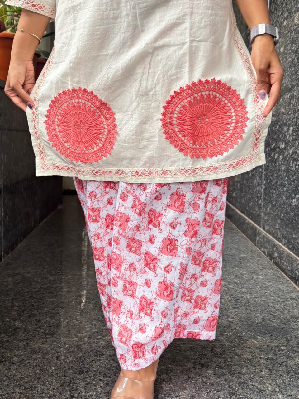 White Mul Cotton Short Kurta Set with Real Mirror Work