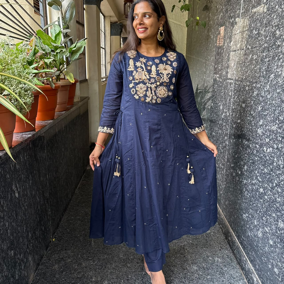 Royal Blue Mul Cotton Embroidered Kurta Set with Dupatta