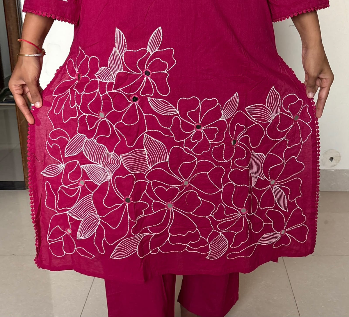 Gulnaar Rani Pink Real Mirror-Work Cotton Kurti Set