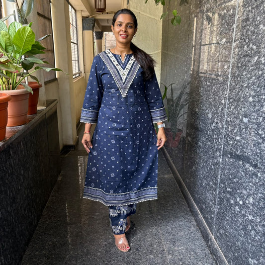 Royal Blue Elephant-Print Cotton Kurta Set