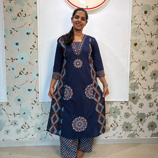 Indigo Bloom Embroidered Cotton Kurta Set with Printed Pants & Dupatta