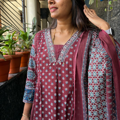 Mauve Ajrakh Block Print Anarkali Kurta Set with Dupatta