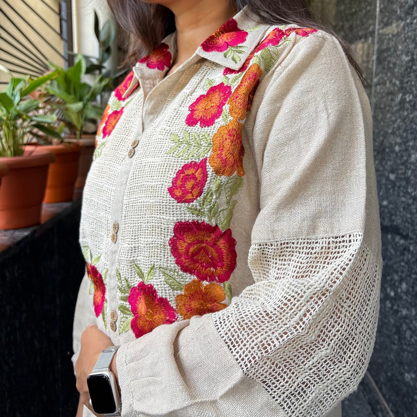 Off-White Jute Floral Embroidered Co-Ord Set