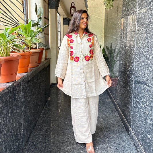 Off-White Jute Floral Embroidered Co-Ord Set
