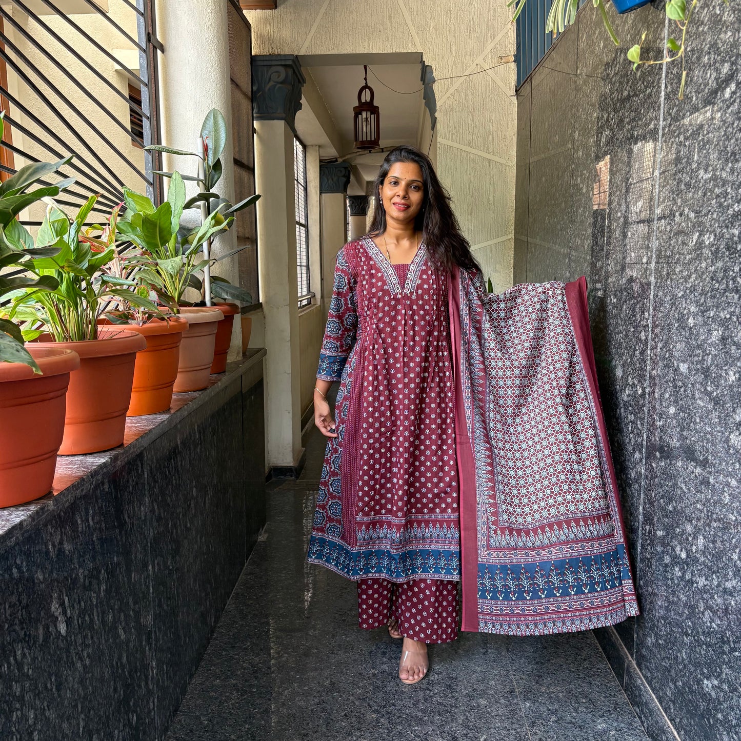 Mauve Ajrakh Block Print Anarkali Kurta Set with Dupatta