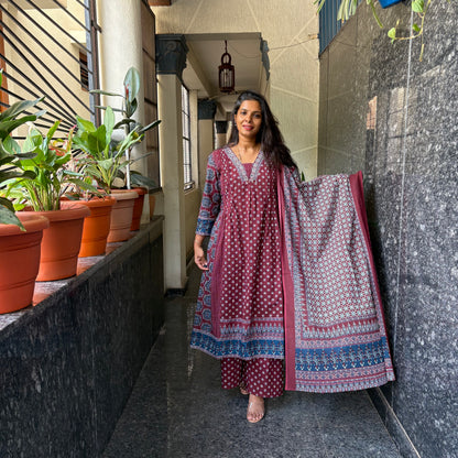 Mauve Ajrakh Block Print Anarkali Kurta Set with Dupatta