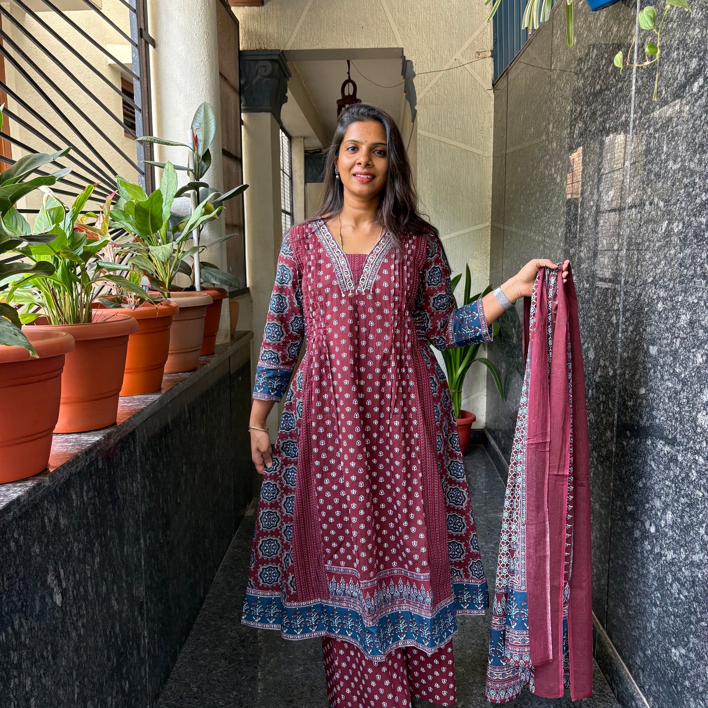 Mauve Ajrakh Block Print Anarkali Kurta Set with Dupatta