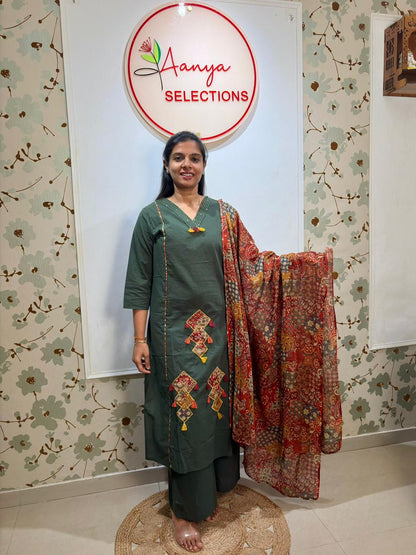 cotton 3 piece set with kalamkari print dupatta