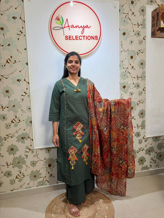cotton 3 piece set with kalamkari print dupatta