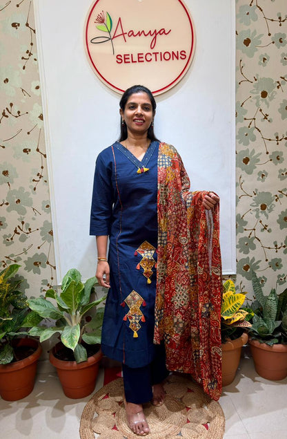 cotton 3 piece set with kalamkari print dupatta