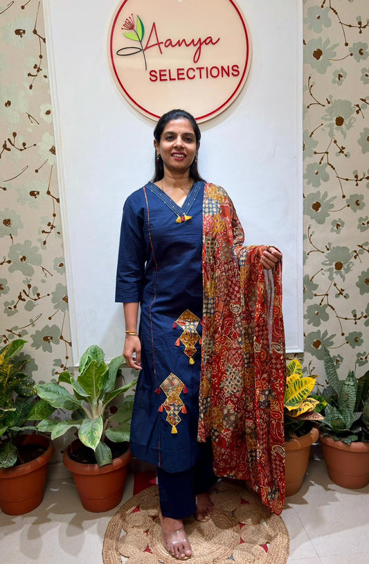 cotton 3 piece set with kalamkari print dupatta