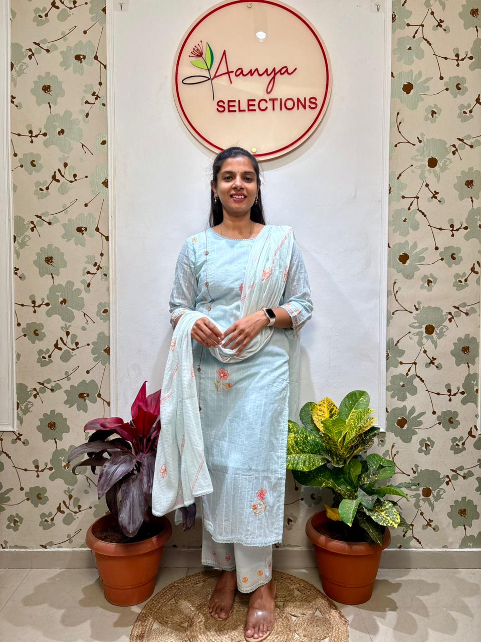 Light blue mul-cotton kurti set