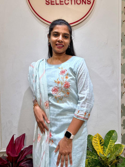 Light blue mul-cotton kurti set