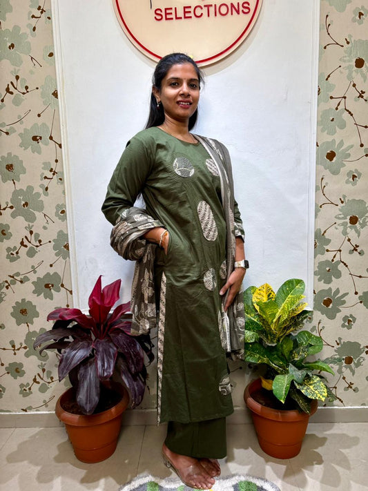 olive green cotton kurti set