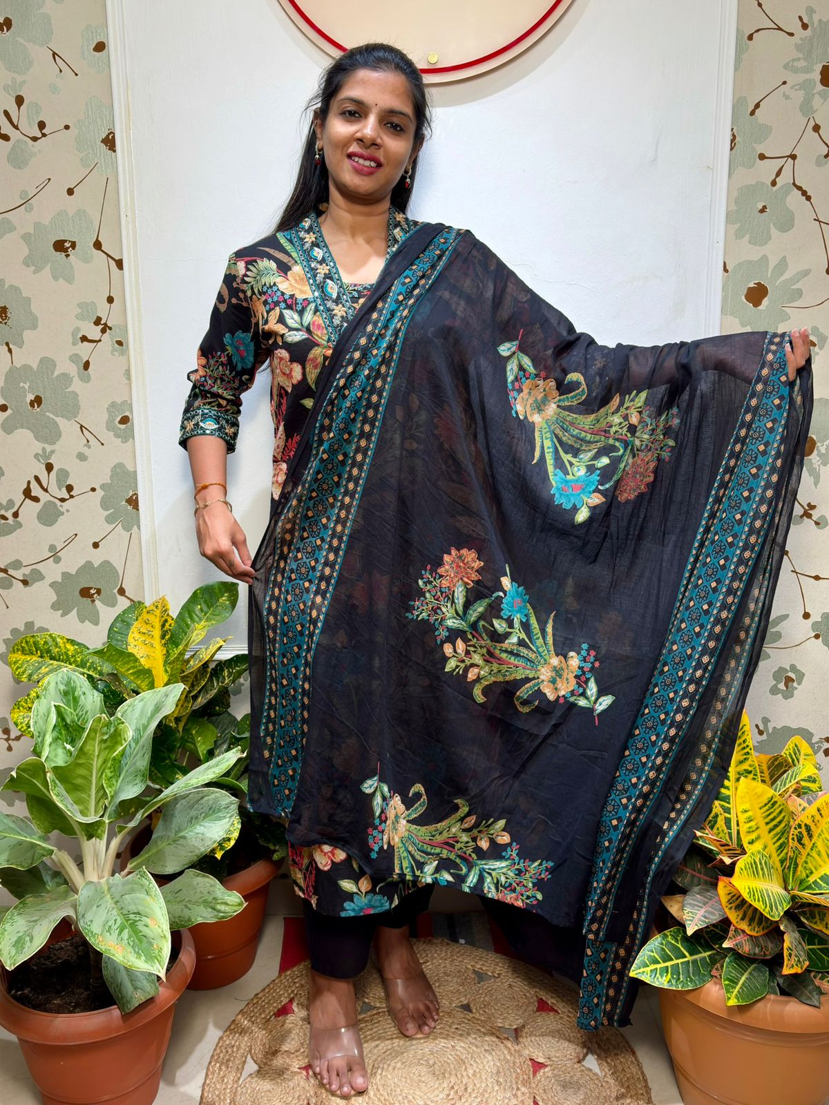 Black floral cotton kurti set