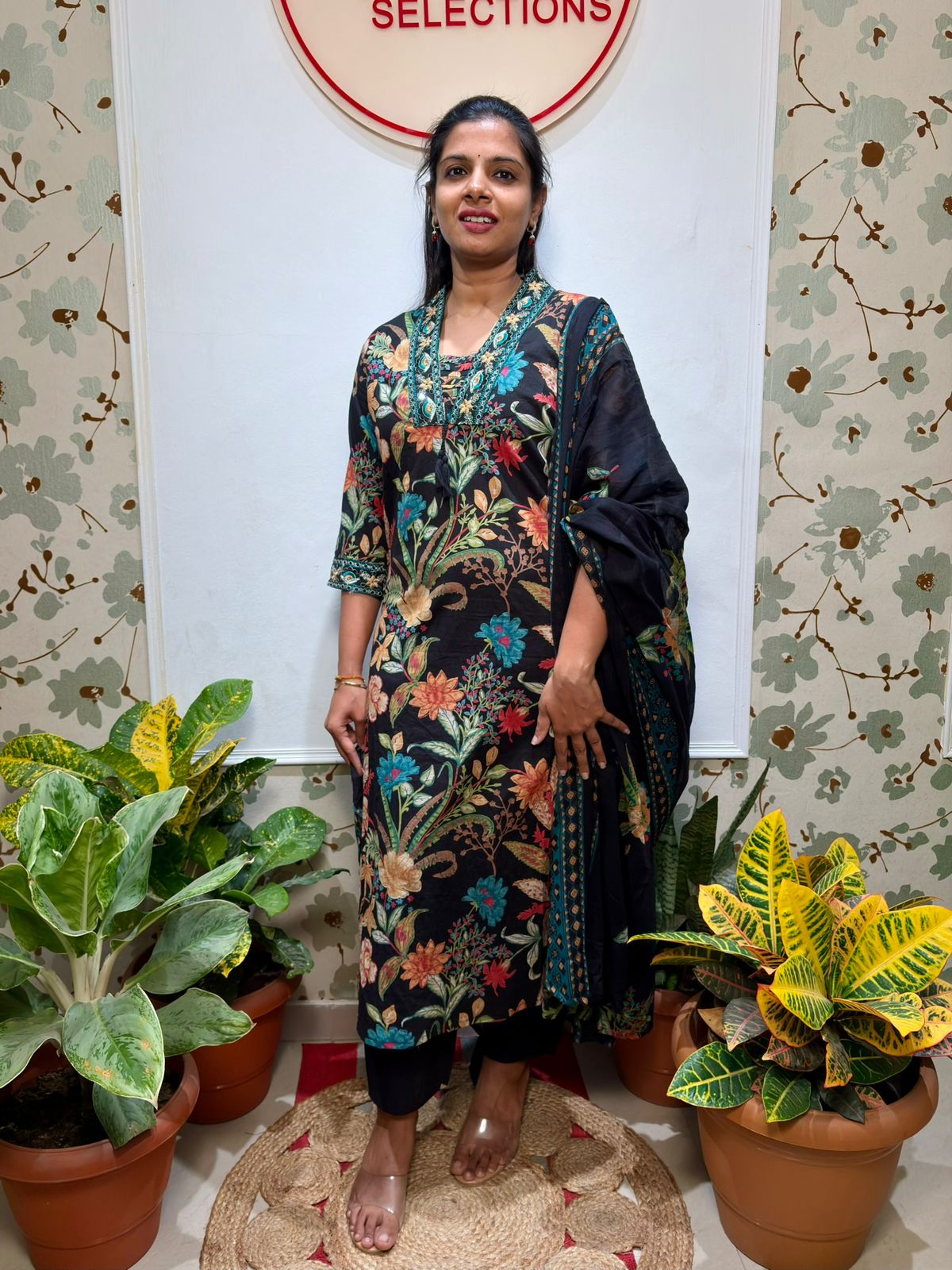 Black floral cotton kurti set