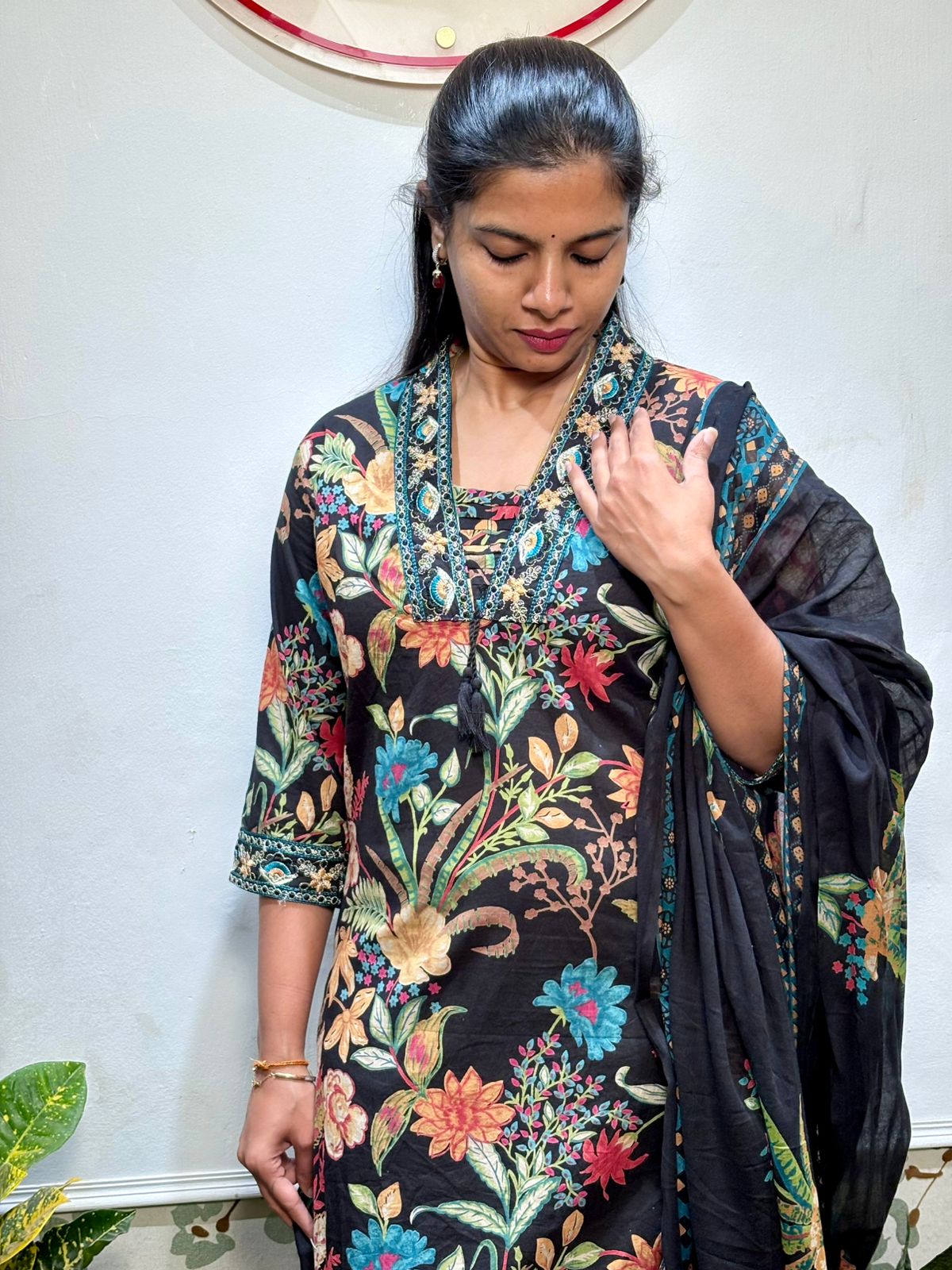 Black floral cotton kurti set