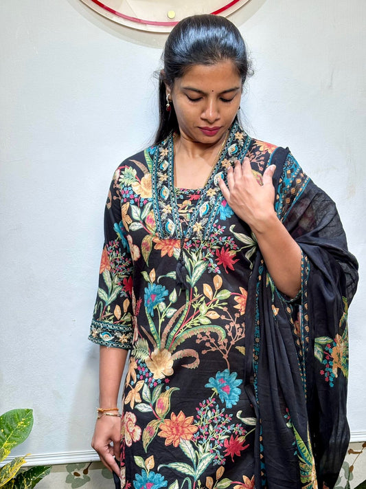 Black floral cotton kurti set