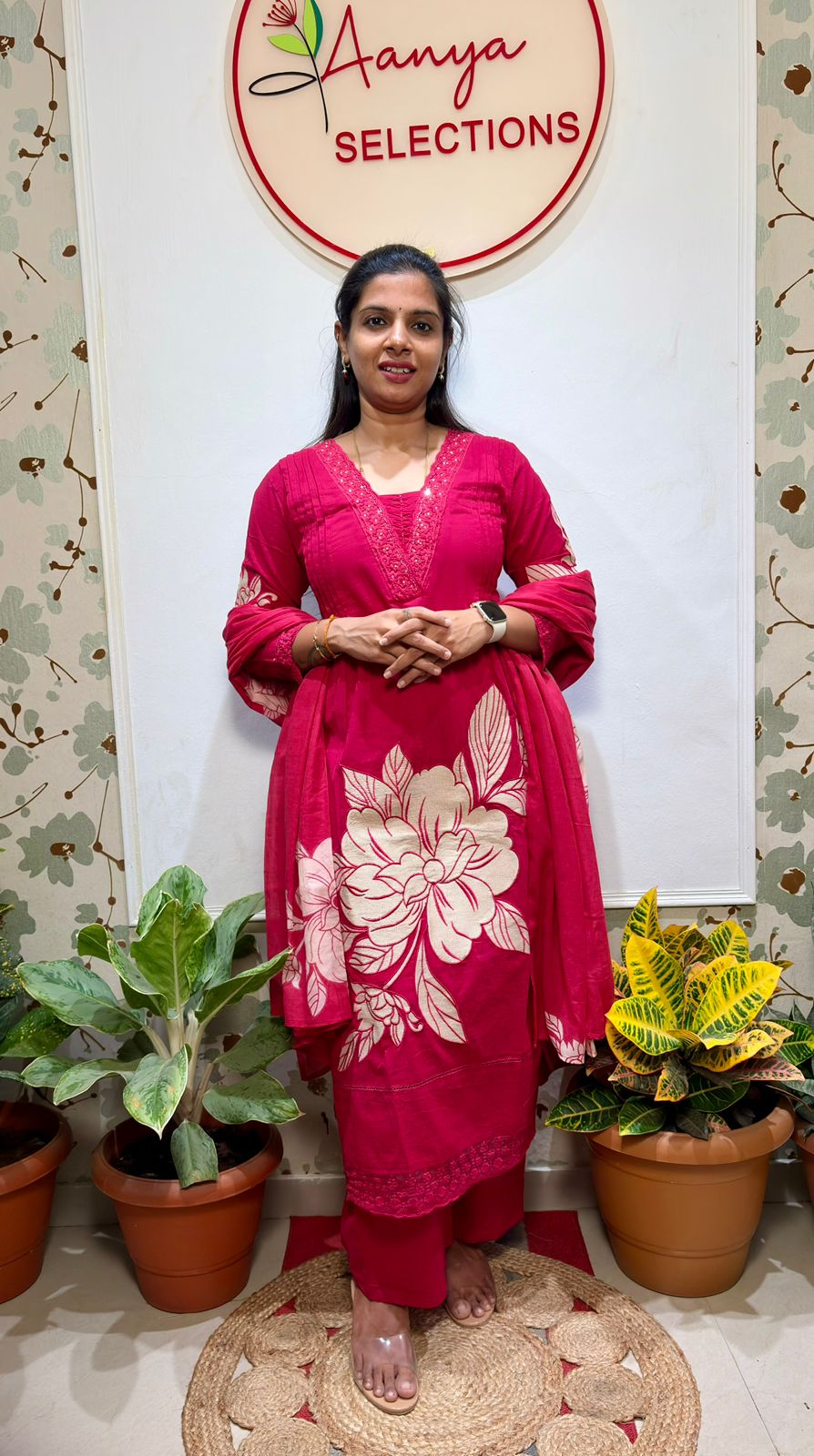 Rani pink floral cotton  kurti set