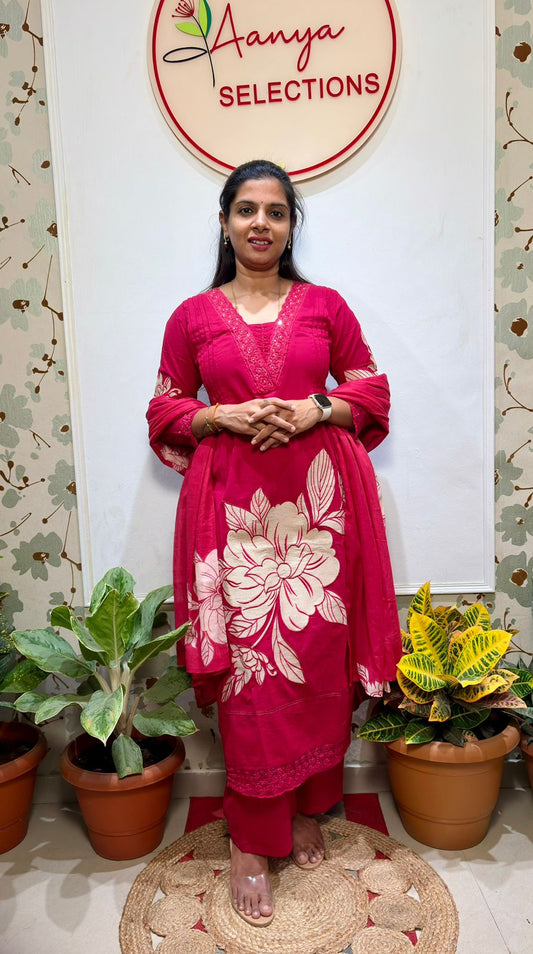 Rani pink floral cotton  kurti set