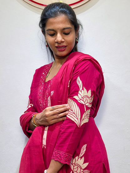 Rani pink floral cotton  kurti set