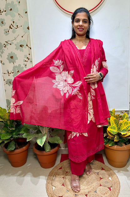 Rani pink floral cotton  kurti set