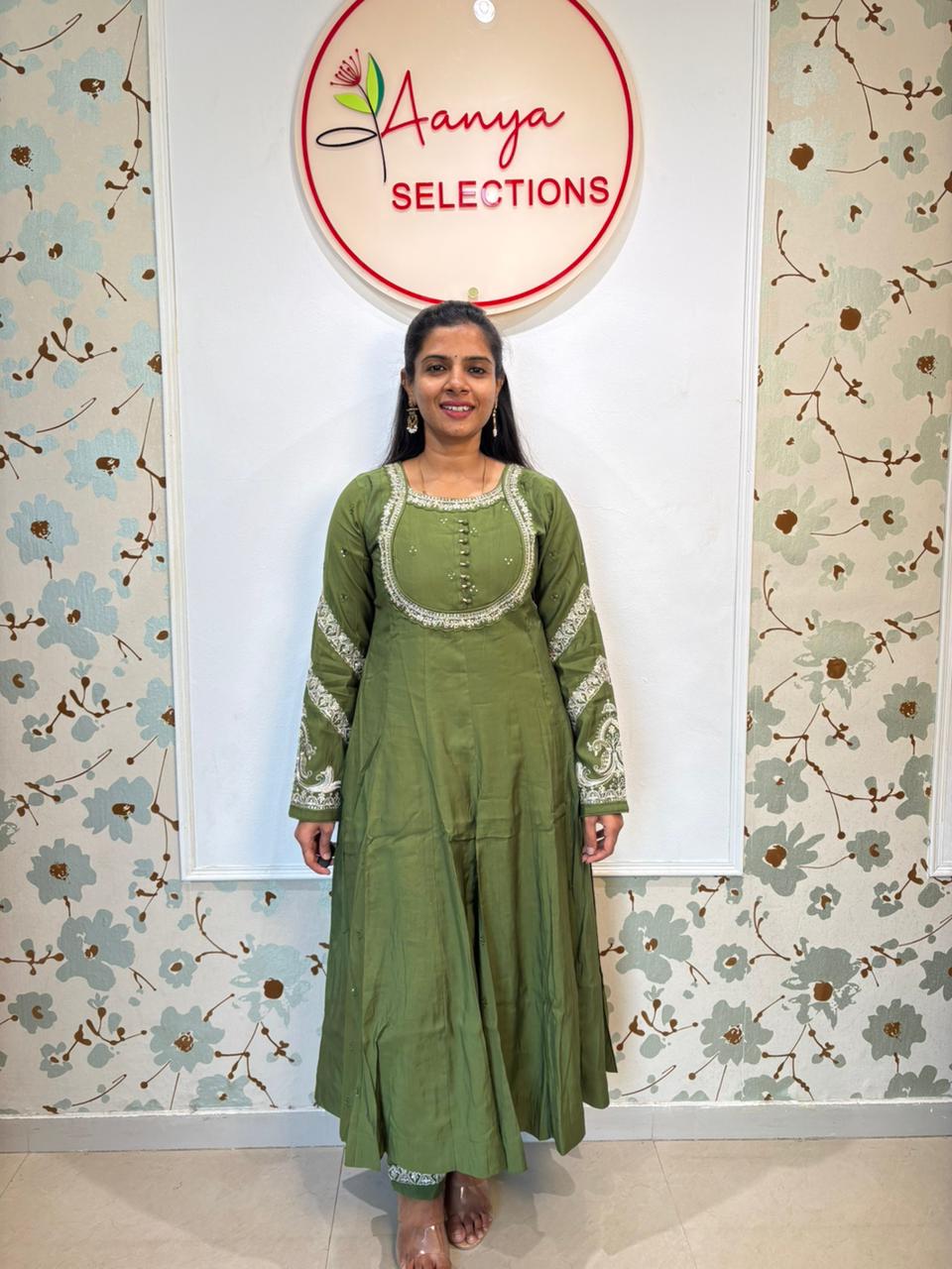 Mulchanderi Green Anarkali Kurti set